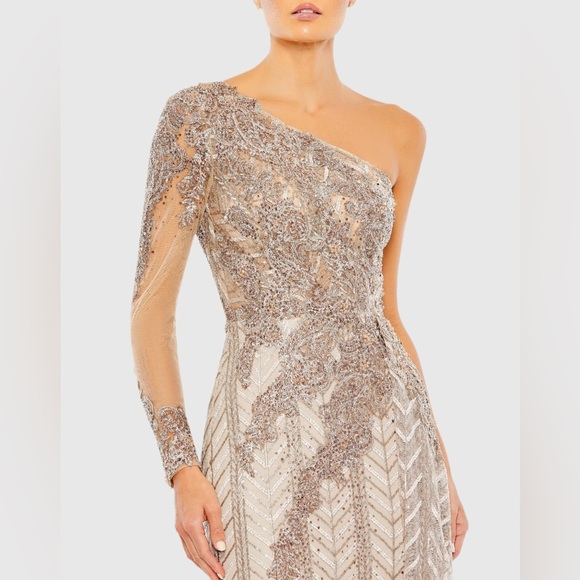 NWT $898 MAC DUGGAL Neutral Embellished One Shoulder A Line Gown DRESS 20401 - Picture 3 of 4